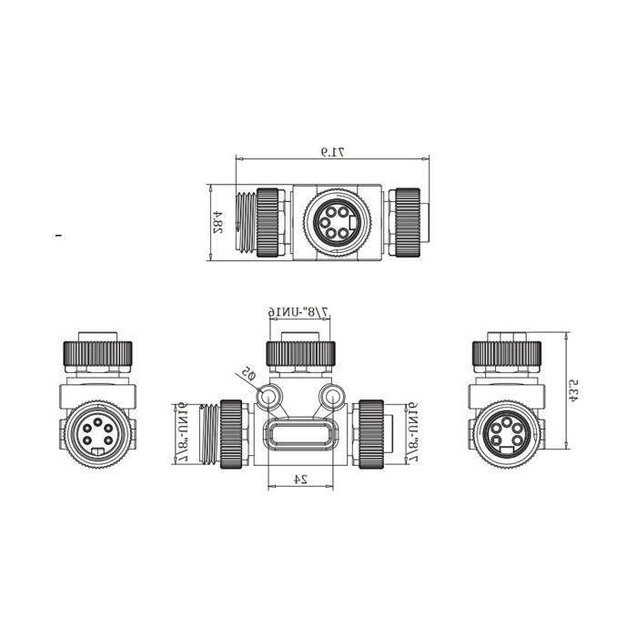 7/8" 5Pin male /2x 7/8" 5Pin female, T-tee, 0PI555